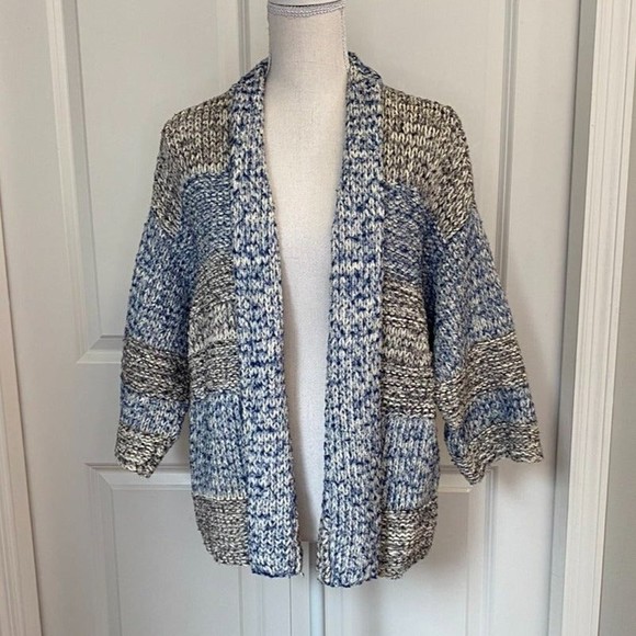 Vince Blue Grey Marled Cardigan Sweater Knit Open Front Wool Blend Striped XS/S - Picture 2 of 9